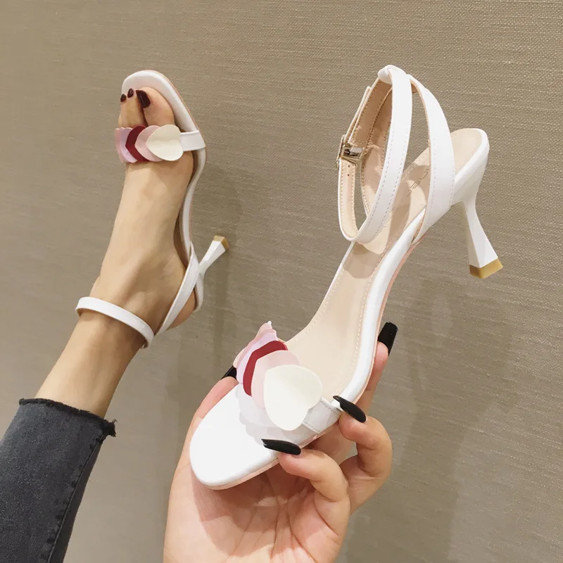 

one button thin heel flower color matching women's shoes 2020 summer new fashion sandals hollow out women's high heels