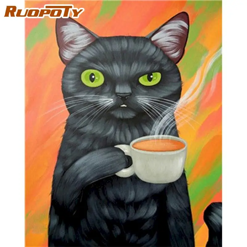 

RUOPOTY 60x75cm Framed Oil Painting By Numbers Kits For Adults Drink Tea Black Cat Animal Paint By Number DIY Framed On Canvas
