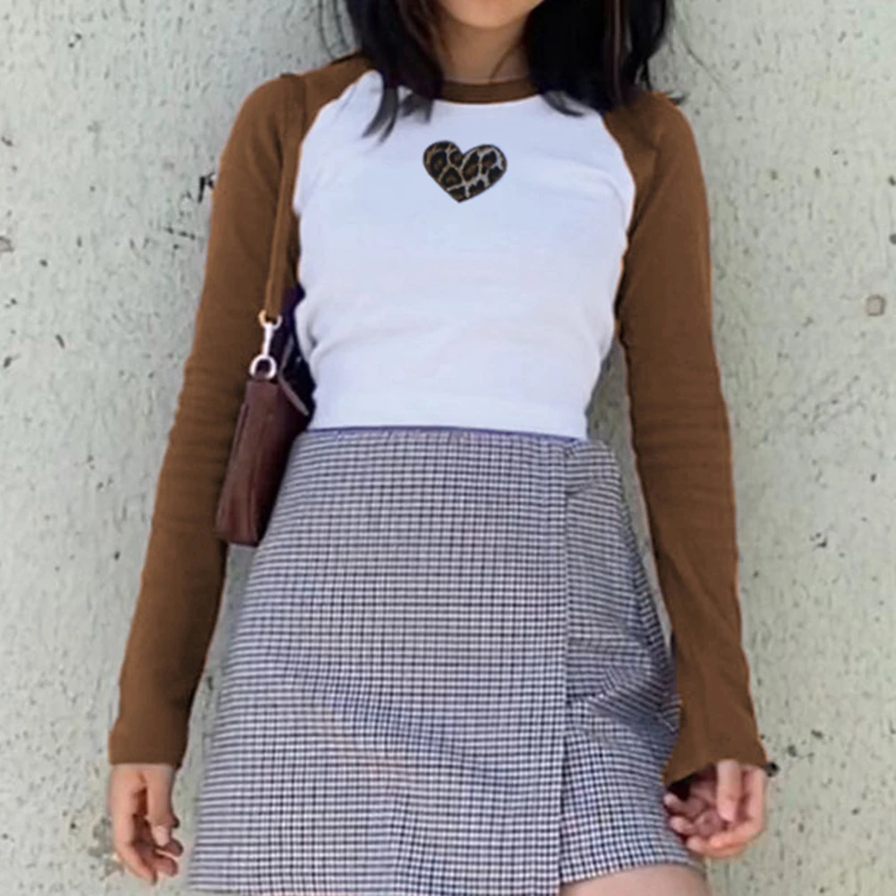 

All-match Fashion stitching contrast color Cotton round neck leopard love printing casual bottoming short T-shirt women