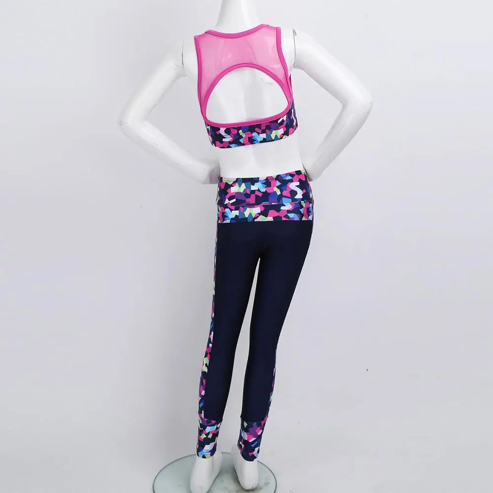 Kids Girls Sportswear Set Dance Exercise Fitness Athleticwear Outfit Digital Print Sleeveless Mesh Tanks Crop Top With Leggings