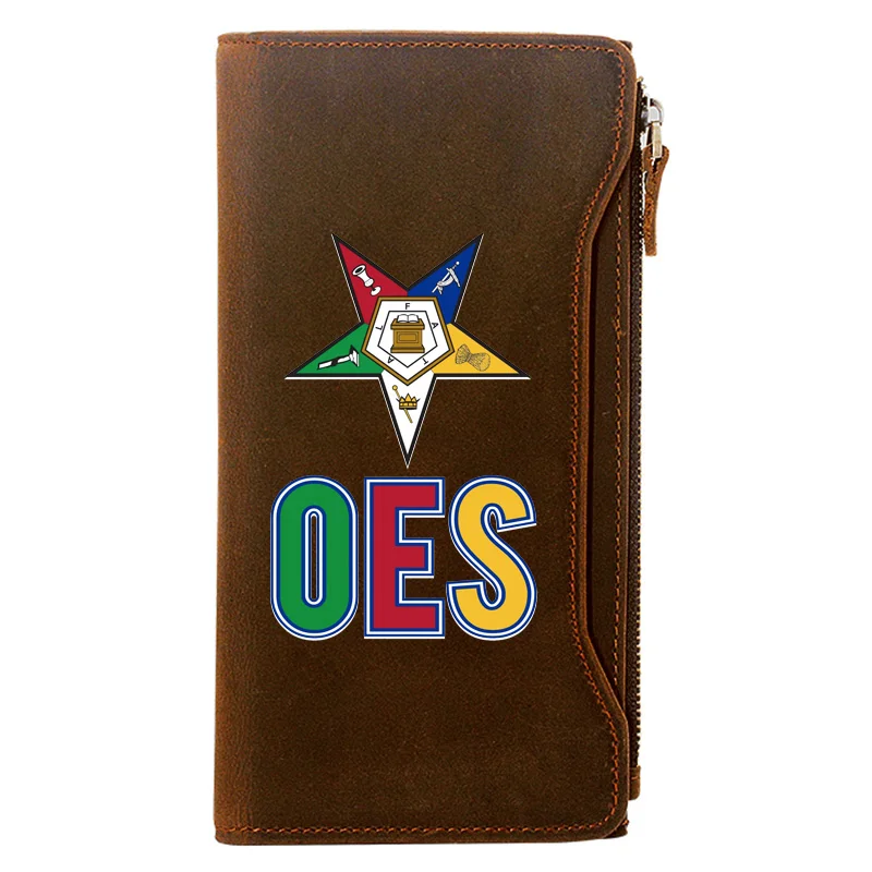 

Classic OES Order Of The Eastern Star Printing Genuine Leather Wallet Men Long Purse With Phone Bag Zipper Card Holder Clutch