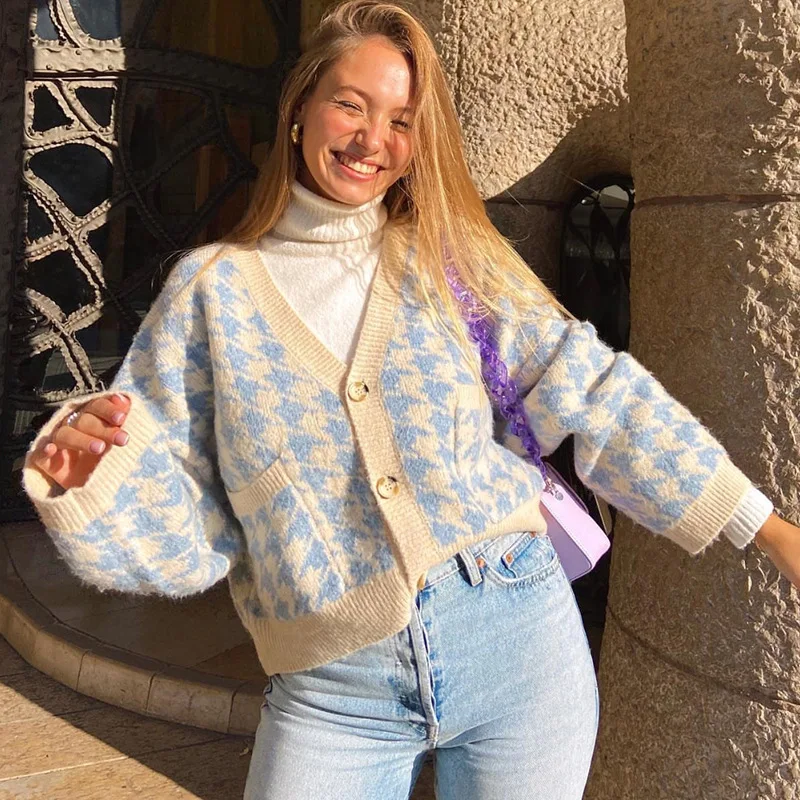 

Houndstooth Plaid Print Cardigan Women spring Autumn V Neck Vintage Knitted Crop Top V-neck Sweater Casual Loose Female Knitwear