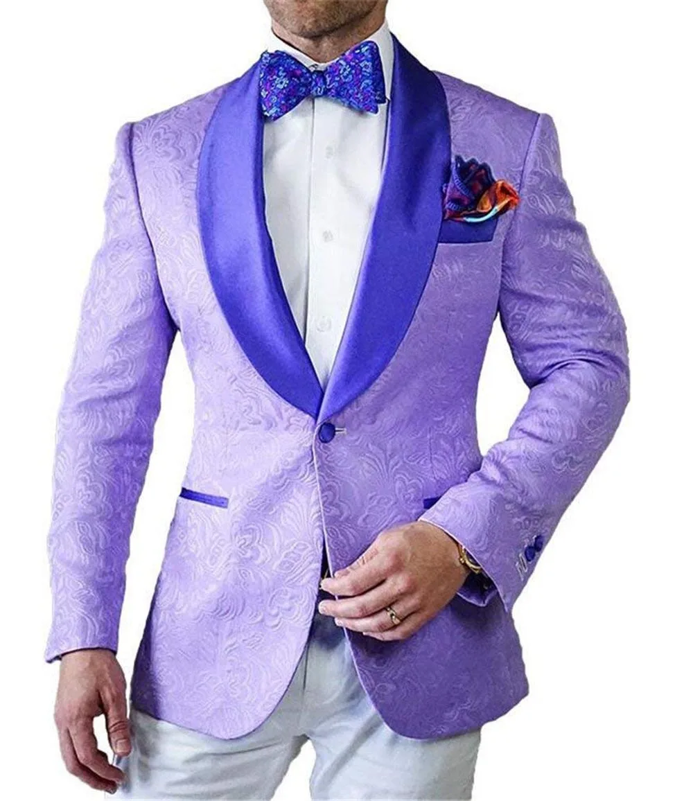 

2021 New Mens Patterned Suit 2 Pieces Lilac Shawl Lapel Slim Fit Casual Blazer Tuxedos Groomsmen For Wedding(Blazer+vest+Pants)