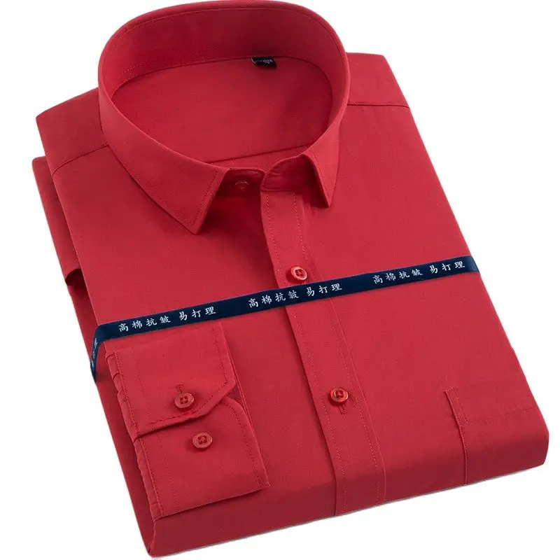 

Long Sleeve Men's Dress Shirt Social Regular Fit Mens Solid Shirts Office Formal Business Red Black Light Blue With Pocket Pop