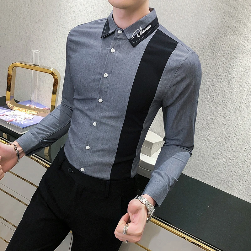 Новая Осенняя рубашка Мужская модная Лоскутная дизайнерская Повседневная с