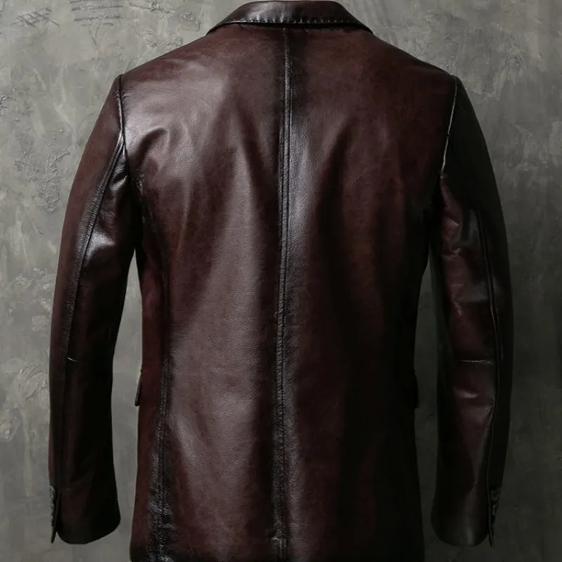 

Brand Men Genuine Leather Cowhide Blazer Business Casual Single Breasted Suit Jacket Fashion Slim Short Formal Coat Oversize 4XL