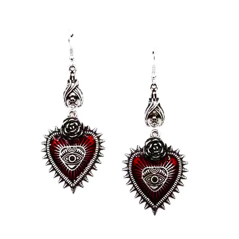 

Punk Rock Bat Vintage Silver Lolita Gothic Evil Eye Red Heart Drop Earrings for Women Halloween Cosplay Jewelry