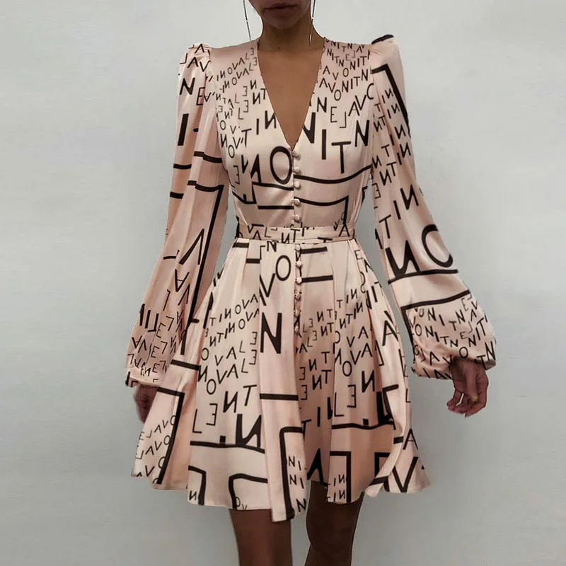 

2021 Spring Floral Print Satin Party Dress Women Deep V-Neck Button Dress Autumn Elegant Puff Shoulder Lantern Sleeve Dresses
