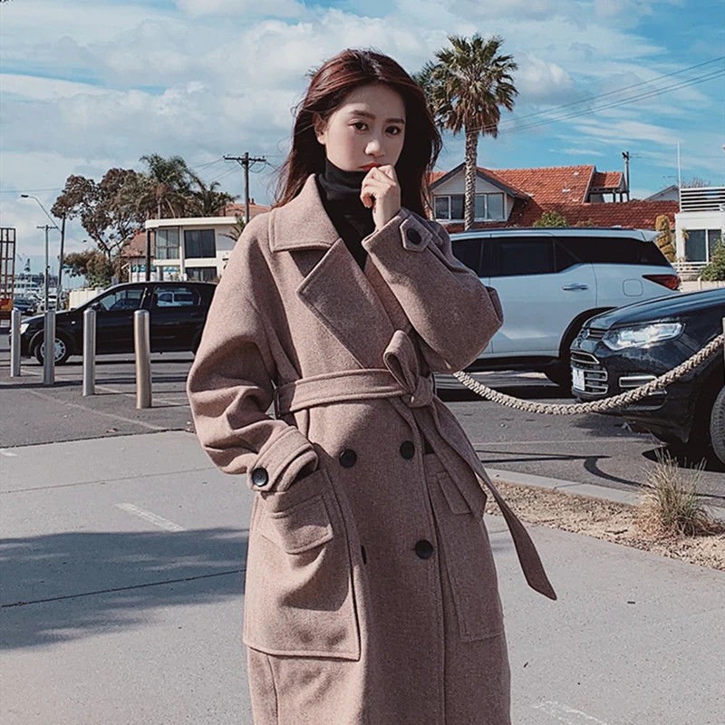 

2020New Winter Wool Blend Coat women Turn-Down Collar Long oversize Wool Coats Female Windbreake Robe Temperament Outerwear