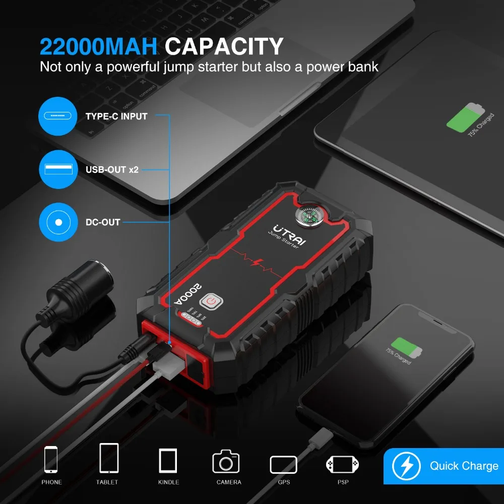 utrai 2000a 22000mah starting device power bank jump starter car battery starters emergency charger for 12v engine starter free global shipping