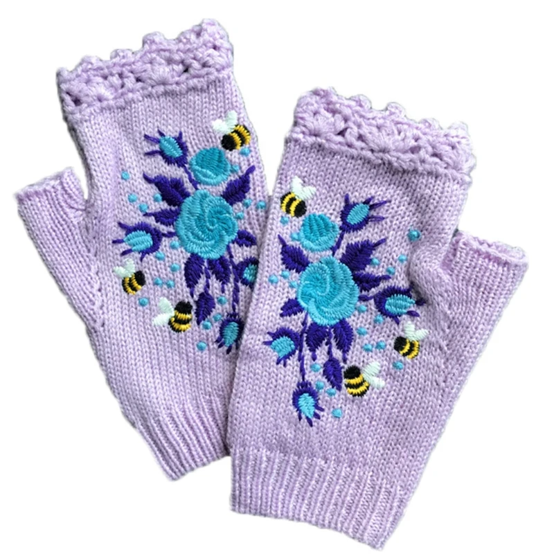 

1 Pair Women Winter Crochet Knitted Fingerless Gloves Sweet Colorful Floral Bee Embroidery Thumbhole Texting Mittens Arm Warmer