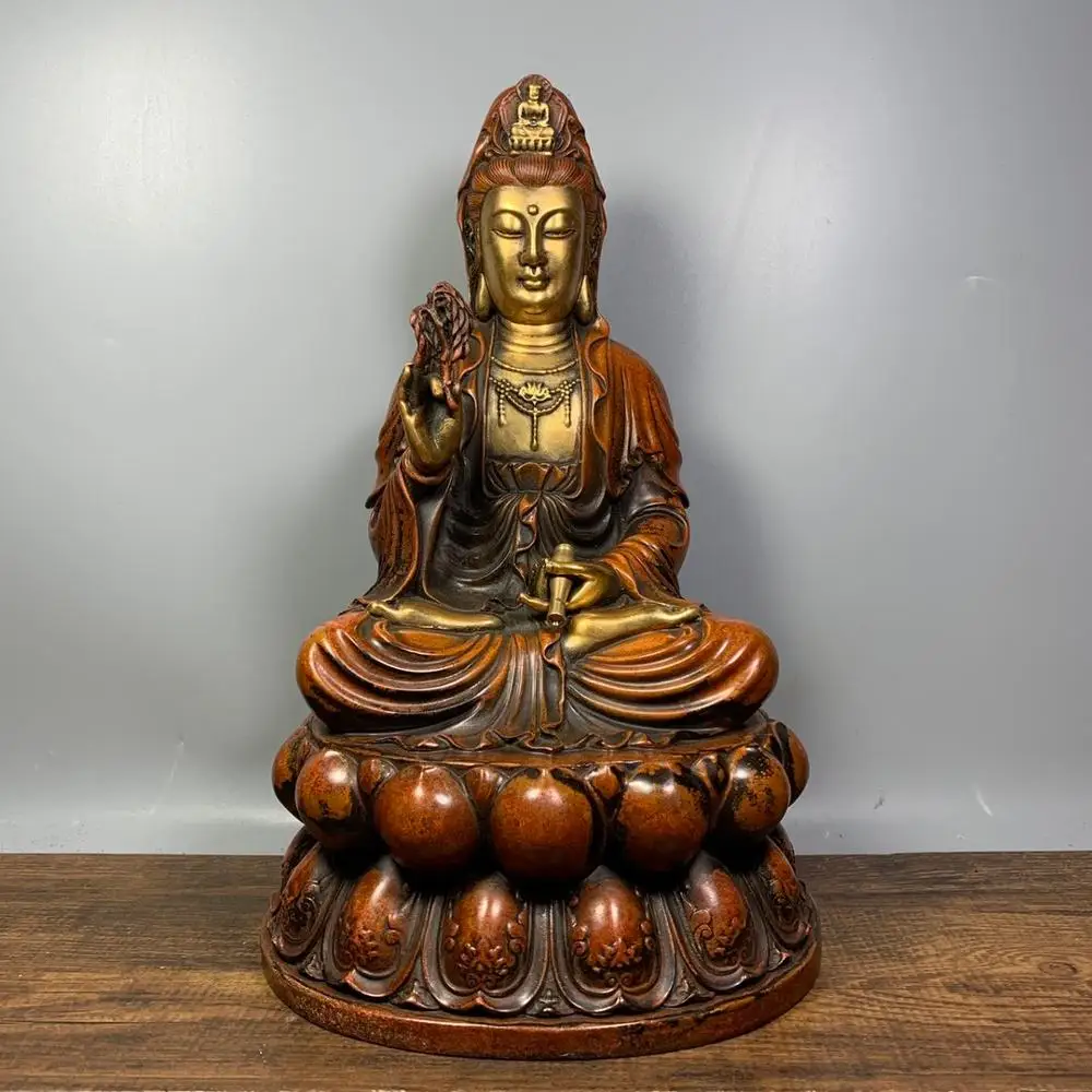 

Home Decor 10" Tibet Buddhism Temple Old Bronze Gilt Real gold Guanyin Bodhisattva Statue Avalokitesvara statue Amitabha