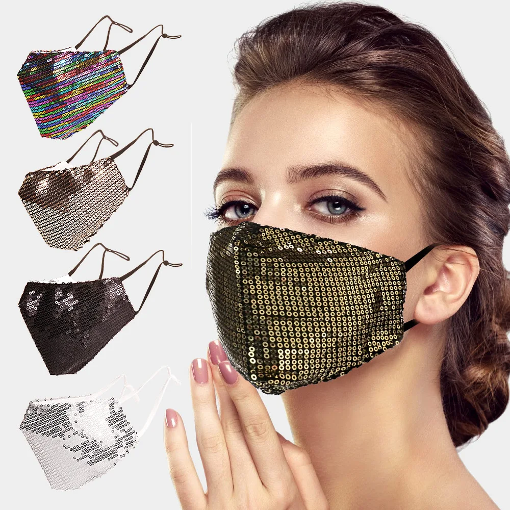 

Fashion Shiny Sequins Mouth Mask Cotton Anti Dust Protective Face Mask Reusable Washable Breathable Men Women Golden Silvery