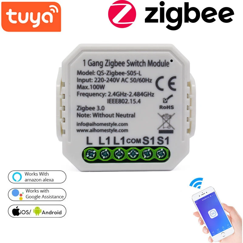 

Беспроводной интеллектуальный коммутационный модуль No/с нейтральным ЕС 220V 2 Way Беспроводной светильник реле Поддержка Amazon Alexa Google Home Tuya Zigbee