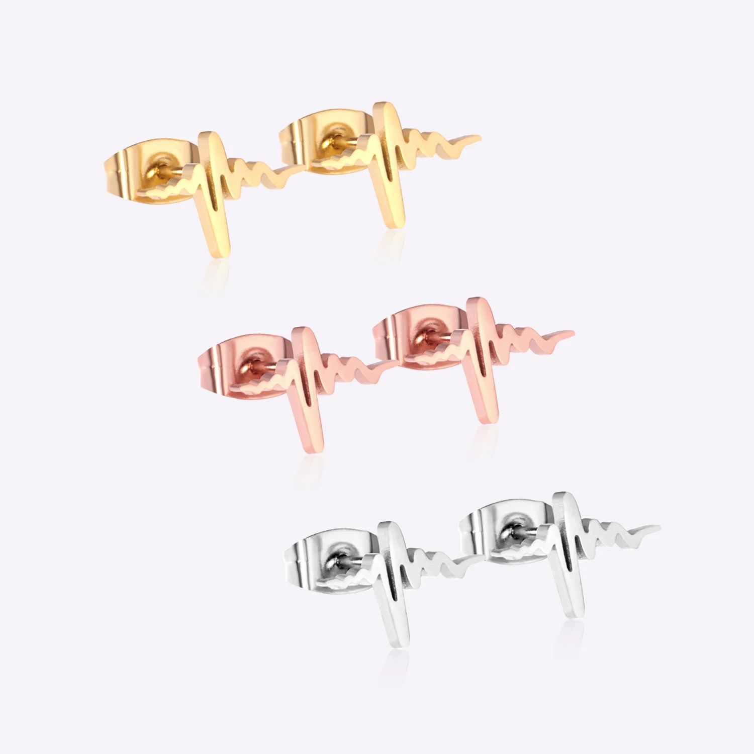 

3 Pairs Mixed Color Electrocardiogram Stud Earrings Set for Women Stainless Steel Gold/Silver/Rose Gold Color Jewelry Wholesale