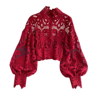 women hollow out lace blouse stand collar lantern long sleeve loose top sexy short shirt with spaghetti strap vest m6279