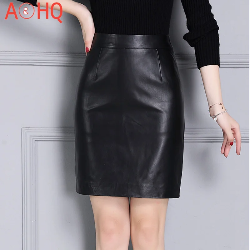 

Classic Black Sheepskin Real Leather Skirts Lady Genuine Leather Skirts High Waist Office Slim Straight Women Luxury Work Skirt