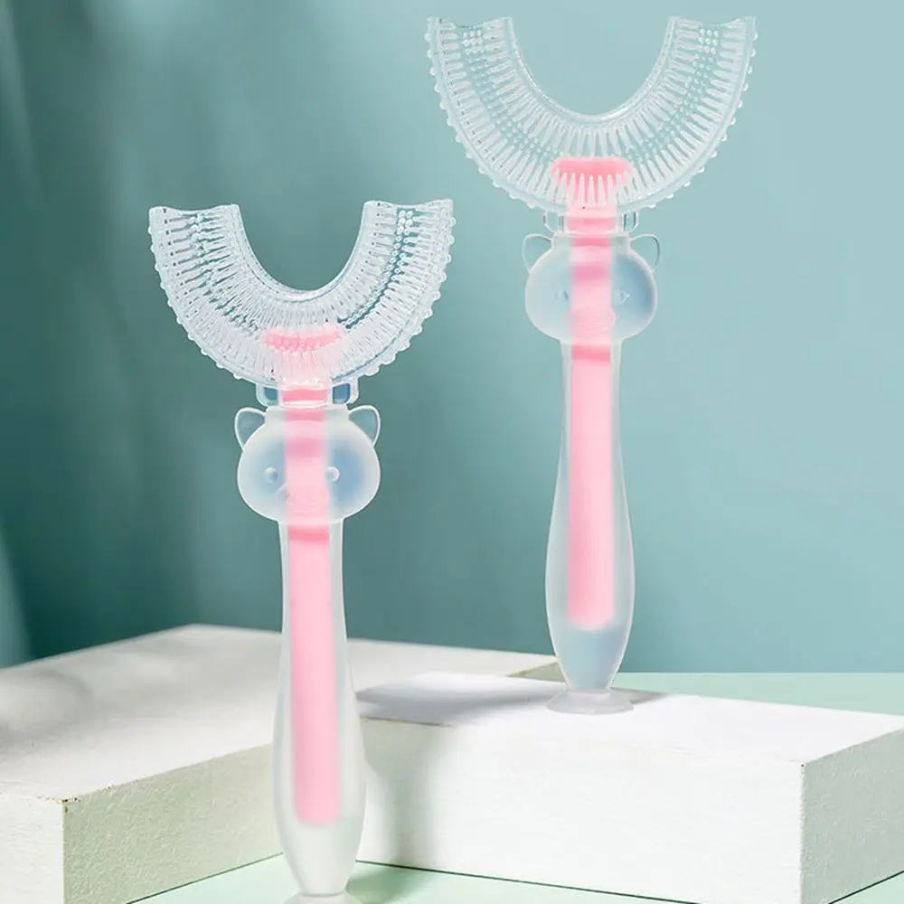2-12 a&ntilde;os de edad beb&eacute; U-en forma de cepillo de dientes de dedo de silicona los dientes de los ni&ntilde;os Simple cepillo infantil cuidado y limpieza conveniente cepillo de dientes Oral-0