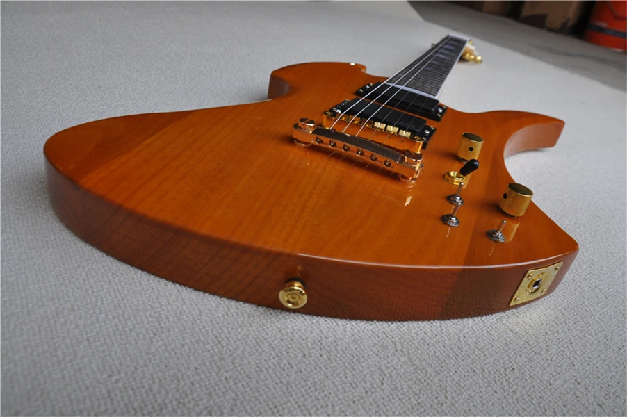 

free shipping custom 6 string light yellow guitar,mahogany body,maple neck shell inlay,black pickups,gold button