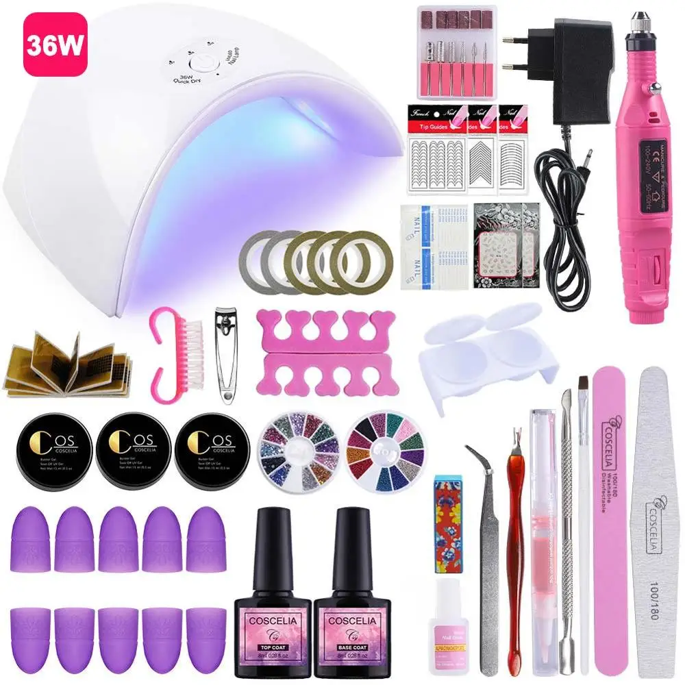 36W Lamp NO Gel Kit 24 Вт/36 Вт/54 Вт Светодиодная УФ-лампа для ногтей, маникюрный набор, акриловый набор для наращивания ногтей, 10 цветов, лак для ногтей, УФ-гель, все для маникюра - Цвет: 36W Lamp NO Gel Kit