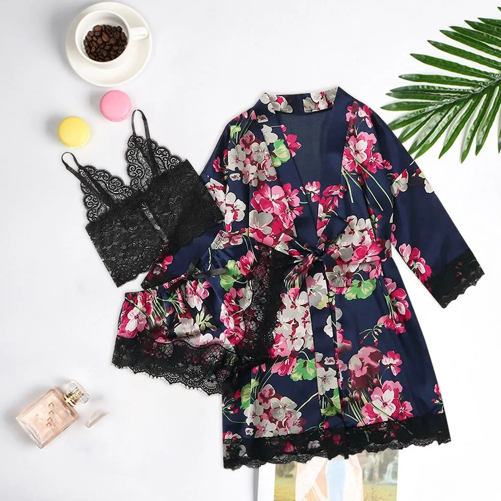 

Dressing Gowns For Women Sexy Sleepwear Satin Silk Bathrobe Lace Bra Shorts Kimono Robe With Belt Plus Size Bridesmaid Nightwear