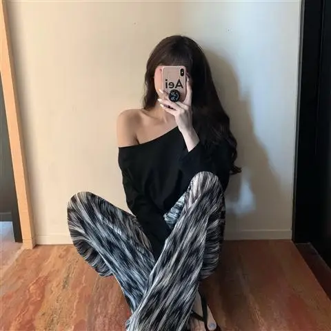 

2021 summer water wave stripe drop casual pants women's High Waist Wide Leg Pants show thin loose floor dragging pants