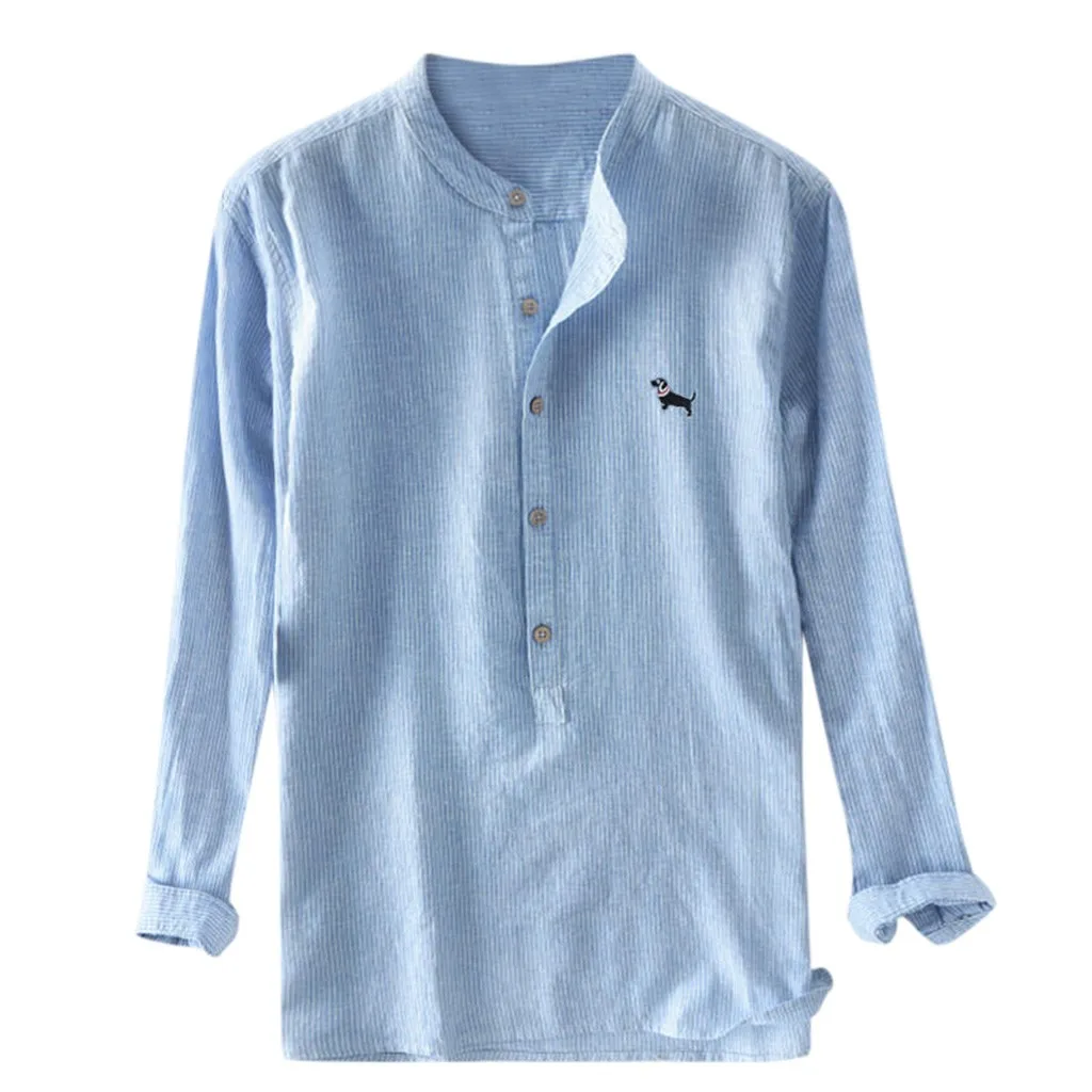 

Casual Men Long Sleeve Shirt Stripe Embroidery Button Up Men Shirts 2020 Fashion Cotton Linen spring autumn mens tops clothing