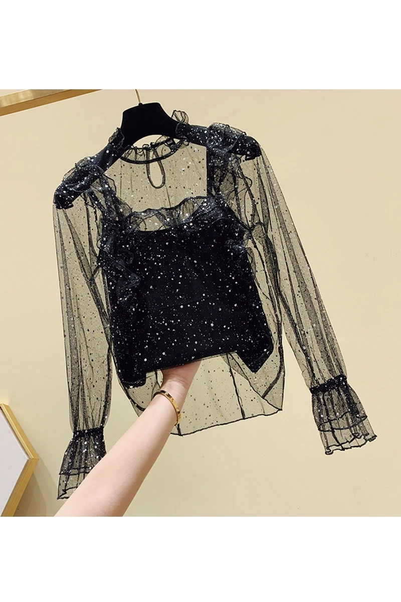

SuperAen 2021 Spring New Mesh Lace Chiffon Ruffles Patchwork Solid Stand Petal Sleeve Sexy & Club Women Blouse Shirts