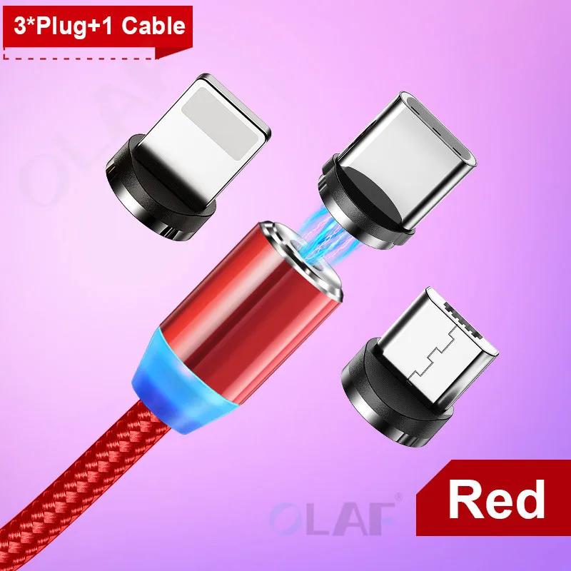 Магнитный usb-кабель Олаф для быстрой зарядки, кабель Micro USB type C, Магнитный зарядный кабель для мобильного телефона, usb шнур для iPhone X 7 samsung - Цвет: 3Plug 1Cable Red