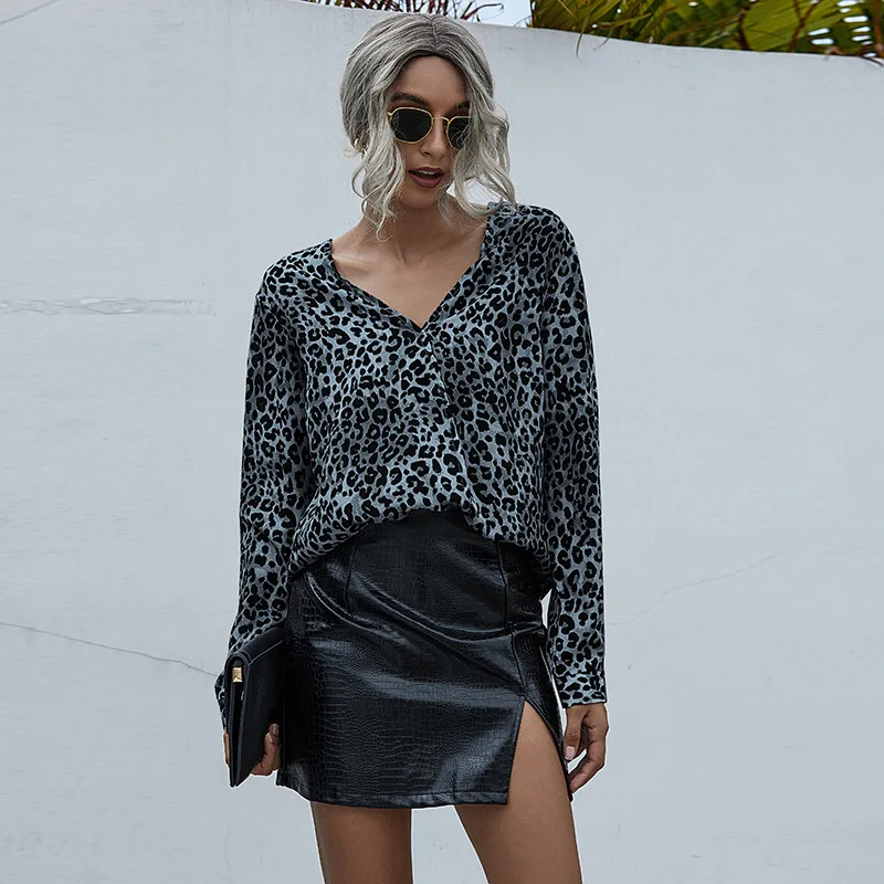

Spring Cross Border Popular V-neck Fashion Leopard Loose Chiffon Shirt 1585 Shirts For Womenfashion