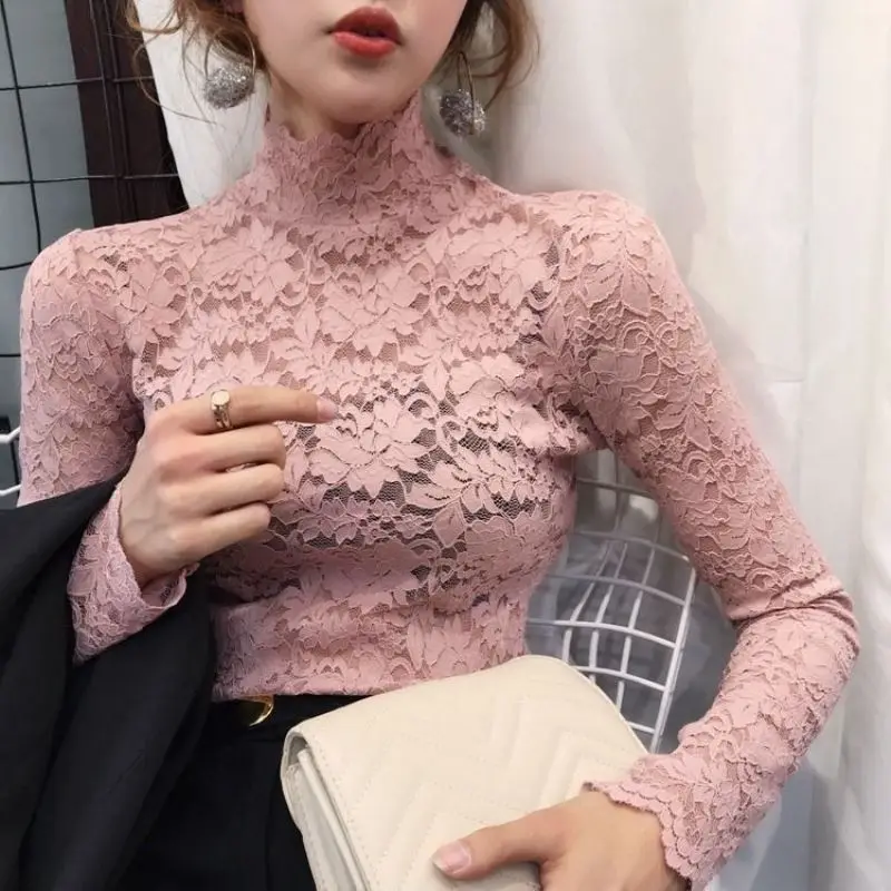 

Autumn Women Thin Black Lace T Shirt Sexy Turtleneck Long Sleeve Slim Lace Crochet Patchwork Tee Tops
