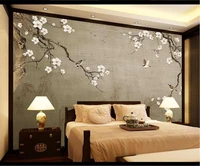 xuesu customized large wallpaper mural wall cloth new chinese style hand painted plum flowers and birds retro background wall
