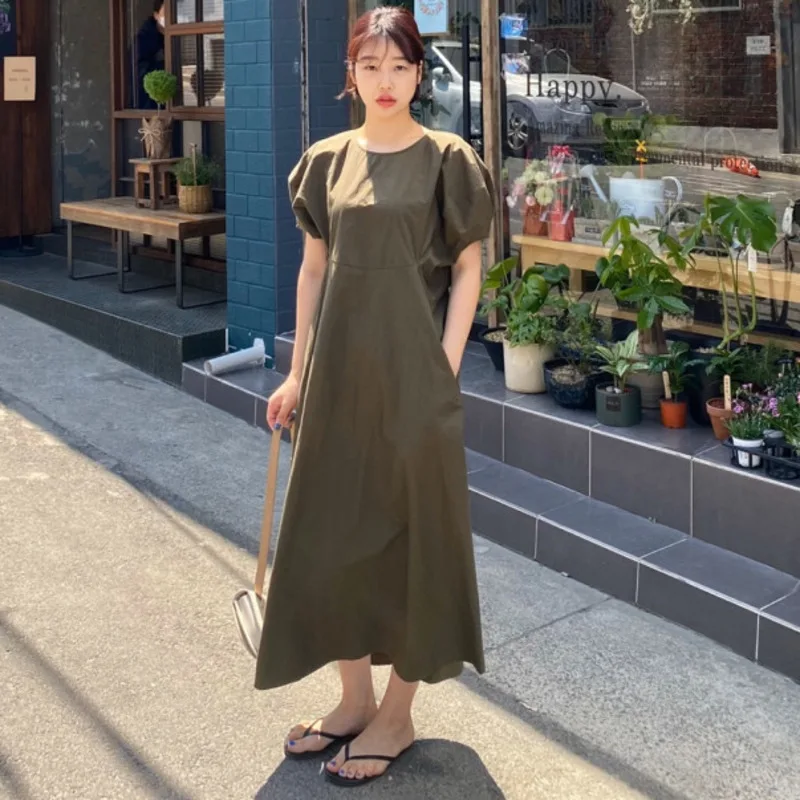 Женское Плиссированное длинное платье [EWQ] черное свободное с круглым вырезом и