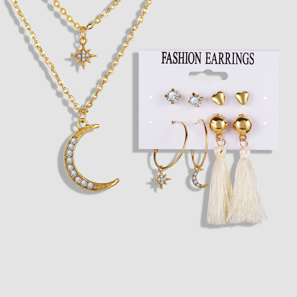 

5pcs/Set Retro Tassel Crystal Star Moon Earrings Multi-Layer Necklace Jewelry Set Women Party Jewelry