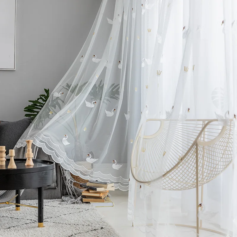 Pastoral Mesh Fabric Goose Embroidered Tulle Curtains for Bedroom Living Room Simple White Sheer Window Screens Kitchen Custom | Дом и сад
