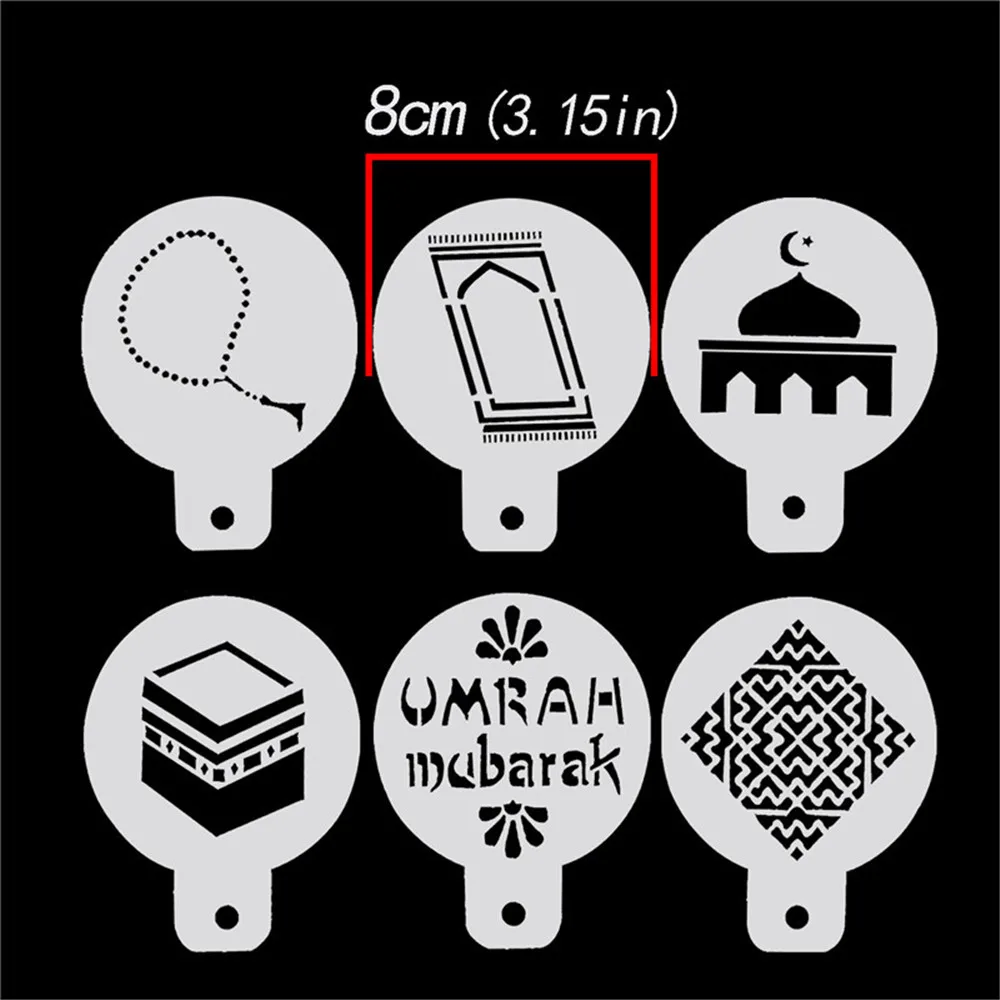 6pcs/set PET Mosque Eid Mubarak Ramadan Design Coffee Stencils laser cut cookie Biscuits fondant cake mold supplies | Дом и сад