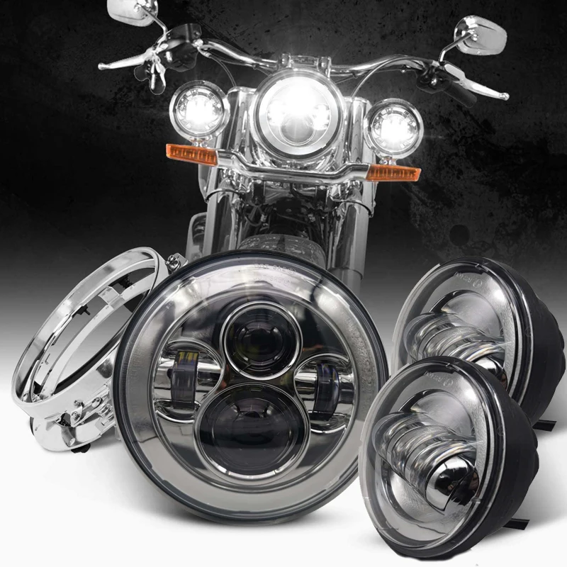 

Motorcycle 7 inch Moto LED Headlight for Harley bike with 4-1/2"4.5" LED Passing Lamps Fog Lights & 7"Bracket Mounting Ring