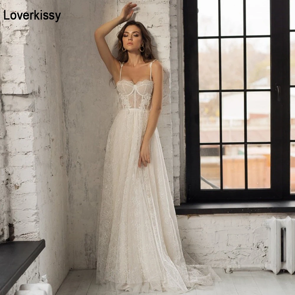 

Loverkissy Bohomia Lace Wedding Dresses A Line Open Back Beach Bridal Gowns Spaghetti Straps Sweetheart Princess Party Dress