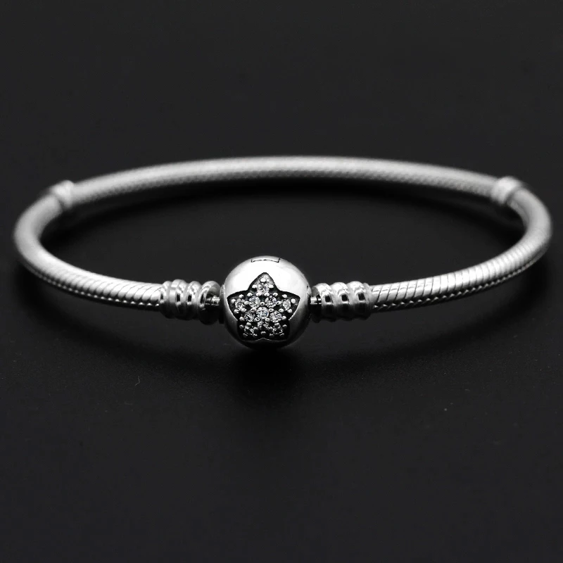 

Реальные 925 пробы серебро моменты Сверкающая Звезда застежка змея браслет с CZ подходят оригинальный браслеты с подвесками Сделай Сам тайск...