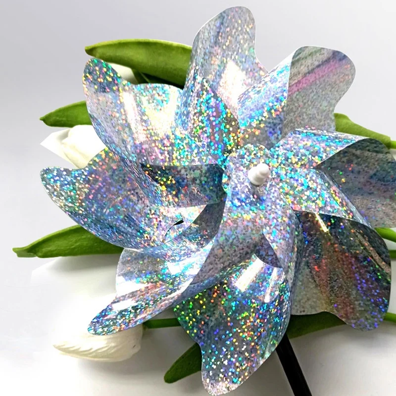 

10 Pack Reflective Pinwheels with Stakes, Extra Sparkly Pin Wheel for Garden Decor, Bird Repellent