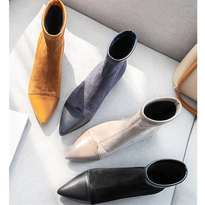 Botines Mujer; коллекция года; зимние ботинки; женские Модные осенние ботинки из флока на меху с острым носком без застежки; Женская обувь в стиле панк и Готика