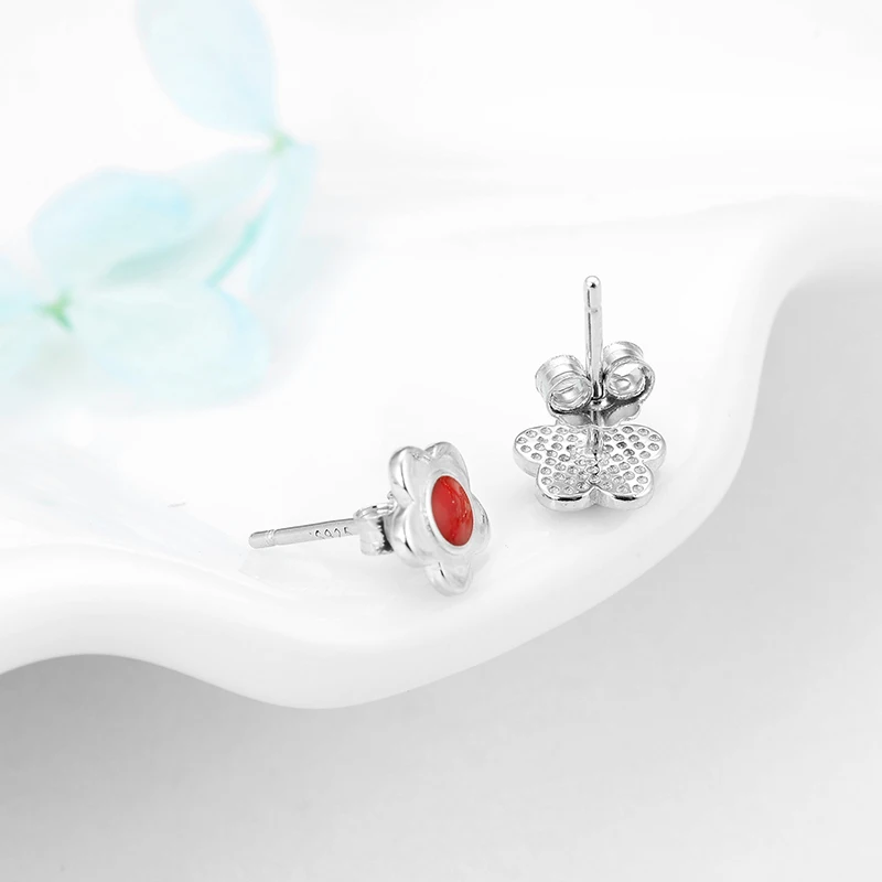 Модные серьги гвоздики с цветами из стерлингового серебра 925 пробы красной