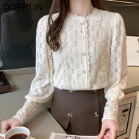 qoerlin long sleeve lace shirts women spring autumn lantern sleeve single breasted ruffles collar shirts elegant tops