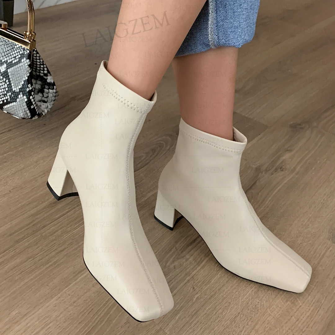 

LAIGZEM Women Ankle Boots Stretchy Pull On 6CM Block Heels Short Boots Comfortable Handmade Ladies Shoes Woman Big Size 36 41 43