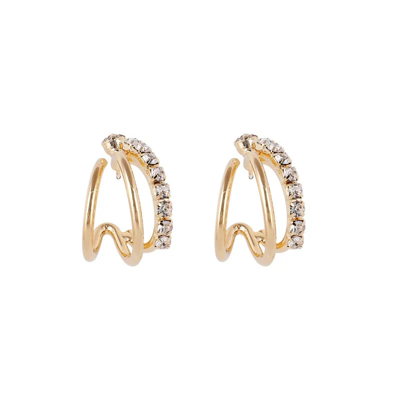 

2021 New Arrival Trendy Geometric Simple Hollow Metal Crystal C Stud Earrings For Women Fashion Gold Color Metal jewelry Party