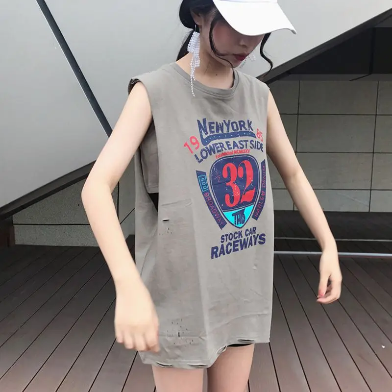 

Korean Version t-shirt Letter Tops Long Loose Summer Harajuku Style Student Sleeveless T-shirt Female Uniform