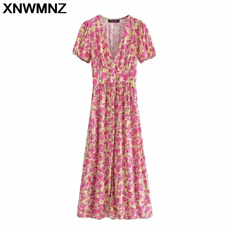 

XNWMNZ Za 2021 Floral Long Dress Women Pink Midi Summer Dress Woman Vintage Ruched Slit Short Puff Sleeve Elegant Ladies Dresses