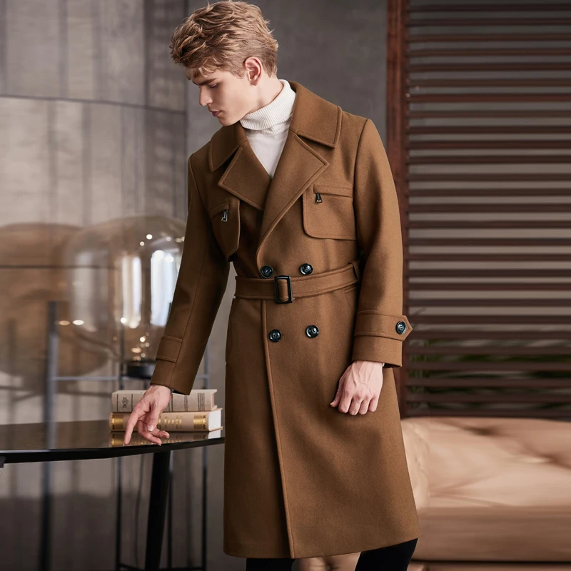

Minglu Wool Winter Male Coats Luxury Solid Color Overlength Mens Jackets And Coats Fashion Casual Man Coats With Belts 6XL