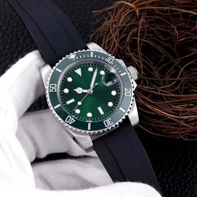 

New Men Automatic Mechanical Watch Dive Black Green Rubber Strap Bracelet Stainless Steel Ceramic Bezel Sapphire