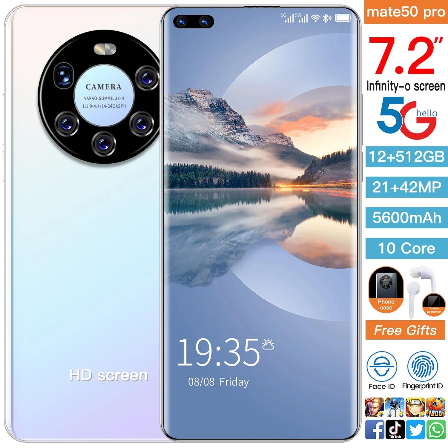 

Global Mate50 Pro 10 Core Smartphone 12+24MP 5G LTE 7.2 Inch Big Screen 12+512GB 5600mAh Face Fingerprint ID Mobilephone Celular